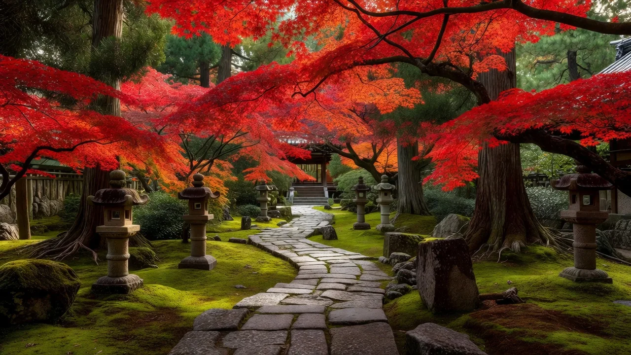 紅葉に彩られた日本庭園と寺院
